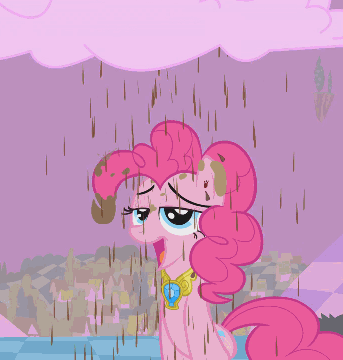 Size: 343x360 | Tagged: safe, screencap, character:pinkie pie, species:earth pony, species:pony, episode:the return of harmony, g4, my little pony: friendship is magic, animated, chocolate rain, cloud, cotton candy, cotton candy cloud, cropped, discorded landscape, element of laughter, female, food, mare, purple sky