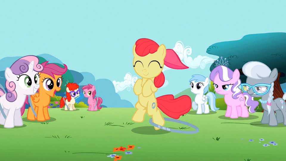 Size: 960x540 | Tagged: safe, screencap, character:apple bloom, character:cotton cloudy, character:diamond tiara, character:ruby pinch, character:scootaloo, character:silver spoon, character:sweetie belle, character:twist, species:pegasus, species:pony, episode:the cutie pox, g4, my little pony: friendship is magic, adorabloom, animated, background pony, cute, cutie mark crusaders, glasses, hoop, jumping, loop-de-hoop, smiling