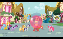 Size: 1024x640 | Tagged: safe, screencap, character:applejack, character:big mcintosh, character:carrot cake, character:cup cake, character:fluttershy, character:pinkie pie, character:rainbow dash, character:rarity, character:twilight sparkle, species:earth pony, species:pony, episode:mmmystery on the friendship express, g4, my little pony: friendship is magic, cake transport, male, stallion, youtube caption