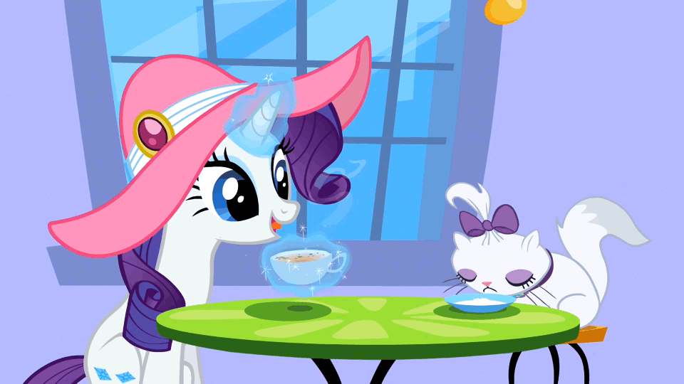Size: 960x540 | Tagged: safe, screencap, character:opalescence, character:rarity, episode:sweet and elite, g4, my little pony: friendship is magic, animated, bow, cafe, cats doing cat things, clothing, coffee, cup, drink, drinking, duo, hat, lapping, magic, sipping, table, telekinesis, tongue out