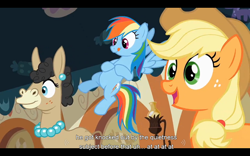 Size: 1024x640 | Tagged: safe, screencap, character:applejack, character:rainbow dash, episode:mmmystery on the friendship express, g4, my little pony: friendship is magic, mulia mild, youtube caption
