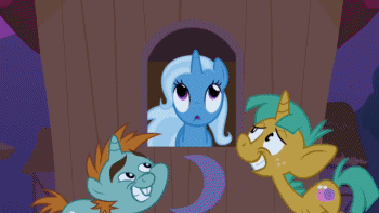 Size: 350x197 | Tagged: safe, screencap, character:snails, character:snips, character:trixie, episode:boast busters, g4, my little pony: friendship is magic, animated, hatless, missing accessory, running, running in place, scared, wheel o feet, zip lines