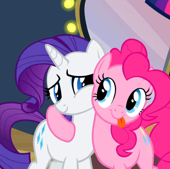 Size: 543x540 | Tagged: safe, screencap, character:pinkie pie, character:rarity, episode:hearth's warming eve, g4, my little pony: friendship is magic, animated, cute, dawwww, diapinkes, grin, happy, hnnng, hug, imma snuggle you, raribetes, smiling, tongue out