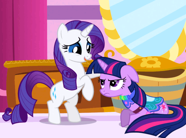 Size: 730x540 | Tagged: safe, screencap, character:rarity, character:twilight sparkle, episode:the ticket master, g4, my little pony: friendship is magic, animated, patting, saddle, tack
