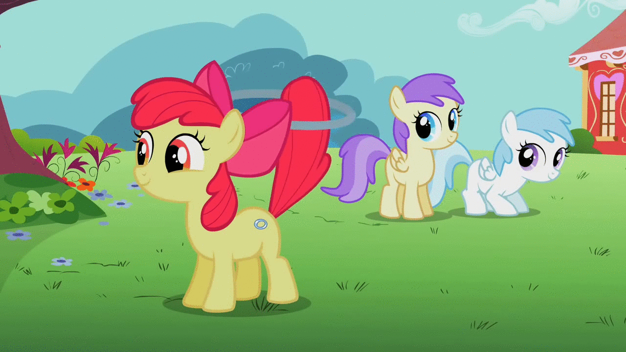 Size: 1280x720 | Tagged: safe, screencap, character:alula, character:apple bloom, character:cotton cloudy, character:pluto, episode:the cutie pox, g4, my little pony: friendship is magic, amazing, animated, cinemagraph, fake cutie mark, good trick, loop, loop-de-hoop, pluto, spinning