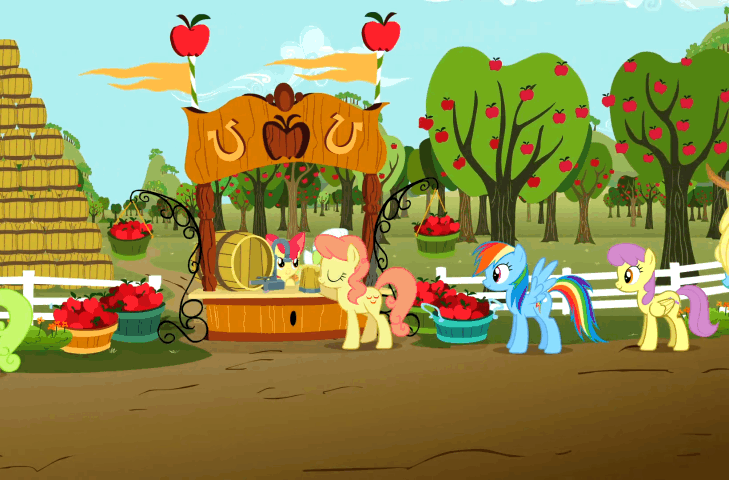 Size: 729x480 | Tagged: safe, screencap, character:apple bloom, character:applejack, character:daisy, character:gala appleby, character:granny smith, character:parasol, character:pink lady, character:rainbow dash, character:sassaflash, species:earth pony, species:pegasus, species:pony, episode:the super speedy cider squeezy 6000, g4, my little pony: friendship is magic, animated, apple family member, apple tree, balancing, barrel, cider, clothing, cowboy hat, cute, dust, female, happy, hat, jackabetes, looking up, mare, mug, open mouth, orchard, prancing, smiling, smug, stetson, sweet apple acres, tree, trotting