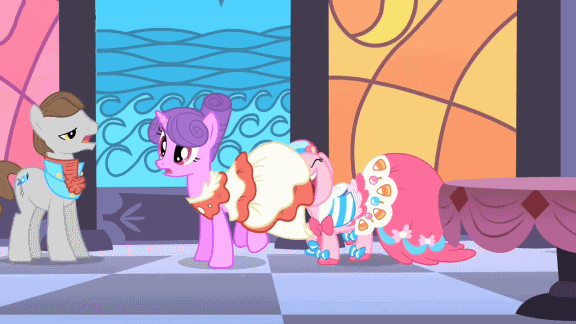 Size: 576x324 | Tagged: safe, screencap, character:north star (g4), character:pinkie pie, character:star gazer, species:earth pony, species:pony, episode:the best night ever, g4, my little pony: friendship is magic, animated, butthug, clothing, d:, do not want, dress, eyes closed, faceful of ass, female, frown, gala dress, looking back, male, mare, non-consensual butt fondling, non-consensual cuddling, non-consensual nuzzling, nuzzling, open mouth, out of context, personal space invasion, plot, raised hoof, smiling, stallion, uvula