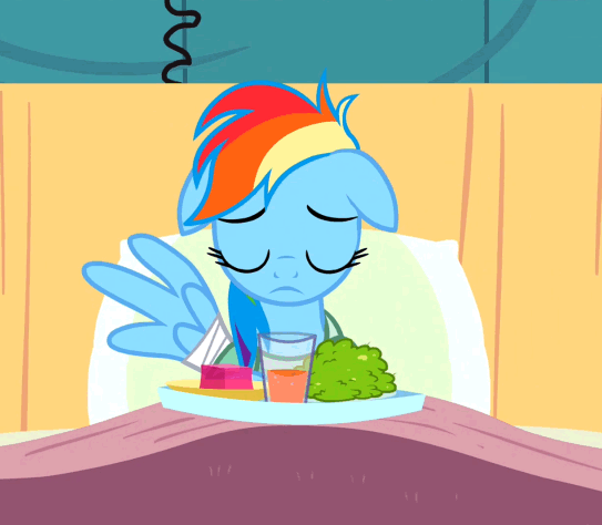 Size: 543x474 | Tagged: safe, screencap, character:rainbow dash, species:pegasus, species:pony, episode:read it and weep, g4, my little pony: friendship is magic, aardvark, adorable distress, animated, bandage, bandaid, bed, cup, cute, drink, drinking, eating, episode, female, food, glass, hoers, horse problems, horses doing horse things, hospital, mare, plate, solo, stuck, why the long face