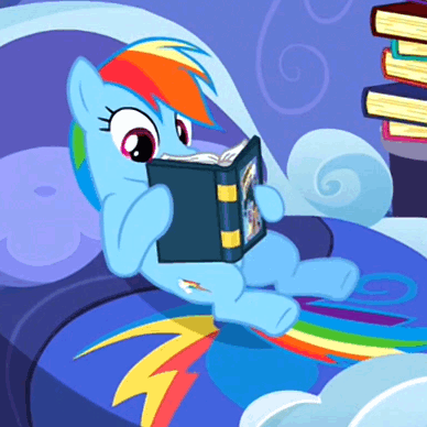 Size: 388x388 | Tagged: safe, screencap, character:rainbow dash, species:pegasus, species:pony, episode:read it and weep, g4, my little pony: friendship is magic, animated, bed, book, cropped, cute, dashabetes, eyes closed, female, gif, indoors, interior, kicking, leg wiggle, loop, mare, open mouth, rainbow dash's house, reading, smiling, solo