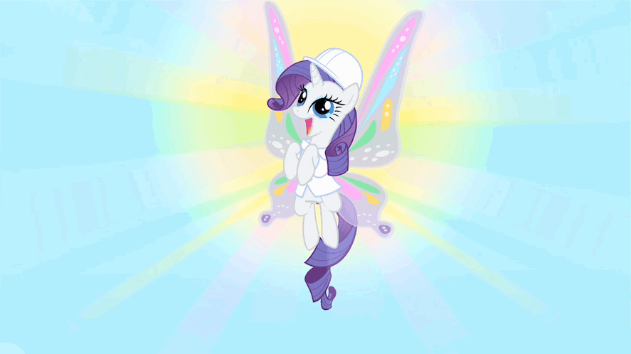 Size: 887x498 | Tagged: safe, screencap, character:rarity, episode:sonic rainboom, g4, my little pony: friendship is magic, animated, clothing, glimmer wings, gossamer wings, hard hat, hat, lab coat, solo, wahaha, wings