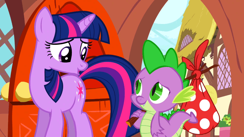Size: 853x480 | Tagged: safe, screencap, character:spike, character:twilight sparkle, character:twilight sparkle (unicorn), species:dragon, species:pony, species:unicorn, episode:dragon quest, g4, my little pony: friendship is magic, animated, bindle, cute, door, duo, eyes closed, fangs, female, grin, hug, male, mama twilight, mare, smiling, spikelove