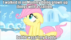 Size: 962x542 | Tagged: safe, screencap, character:fluttershy, adultery, caption, cloud, cute, female, filly, filly fluttershy, floppy ears, frown, image macro, infidelity, sad, sitting, solo, younger