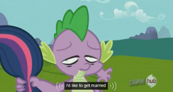 Size: 575x308 | Tagged: safe, screencap, character:spike, character:twilight sparkle, episode:keep calm and flutter on, g4, my little pony: friendship is magic, hub logo, marriage, meme, stoner spike, youtube caption