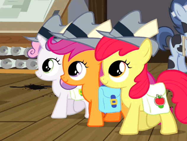 Size: 632x478 | Tagged: safe, screencap, character:apple bloom, character:scootaloo, character:shady daze, character:sweetie belle, species:earth pony, species:pegasus, species:pony, species:unicorn, episode:ponyville confidential, g4, my little pony: friendship is magic, adorabloom, animated, clothing, cute, cutealoo, cutie mark crusaders, diasweetes, female, filly, gif, hat, press card, saddle bag, the killer exclusive