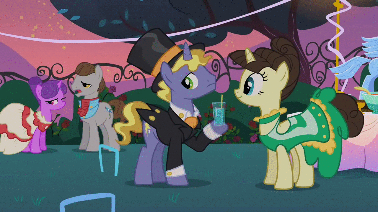 Size: 1280x720 | Tagged: safe, screencap, character:caesar, character:chocolate sun, character:fine line, character:north star (g4), character:ponet, character:star gazer, episode:sweet and elite, g4, my little pony: friendship is magic, animated, cappuccino, clothing, hat, monocle and top hat