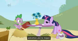 Size: 574x305 | Tagged: safe, screencap, character:spike, character:twilight sparkle, episode:the ticket master, g4, my little pony: friendship is magic, ei, flower, hay, hub logo, meme, menu, police, table, vase, youtube caption