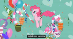 Size: 575x308 | Tagged: safe, screencap, character:melody, character:pinkie pie, episode:the ticket master, g4, my little pony: friendship is magic, balloon, candy, confetti, ei, harmony, hub logo, hubble, meme, solo, streamers, teddy bear, youtube caption