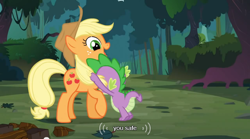 Size: 640x355 | Tagged: safe, screencap, character:applejack, character:spike, species:dragon, species:earth pony, species:pony, episode:spike at your service, g4, my little pony: friendship is magic, female, male, mare, meme, youtube caption