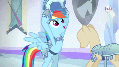 Size: 400x225 | Tagged: safe, screencap, character:rainbow dash, episode:the crystal empire, g4, my little pony: friendship is magic, animated, armor, bipedal, crystal empire, hub logo, jousting, jousting outfit, solo, the ballad of the crystal empire