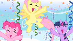 Size: 1280x720 | Tagged: safe, screencap, character:fluttershy, character:pinkie pie, character:twilight sparkle, episode:sonic rainboom, g4, my little pony: friendship is magic, cheering, confetti, spread arms, spread wings, streamers, wings