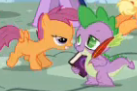 Size: 137x91 | Tagged: safe, screencap, character:applejack, character:scootaloo, character:spike, character:twilight sparkle, species:pegasus, species:pony, season 4, book, cropped, forced perspective, grin, lidded eyes, lowres, out of context, quill
