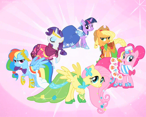 Size: 500x400 | Tagged: safe, screencap, character:applejack, character:fluttershy, character:pinkie pie, character:rainbow dash, character:rarity, character:twilight sparkle, episode:the best night ever, g4, my little pony: friendship is magic, animated, clothing, cropped, dress, female, gala dress, mane six