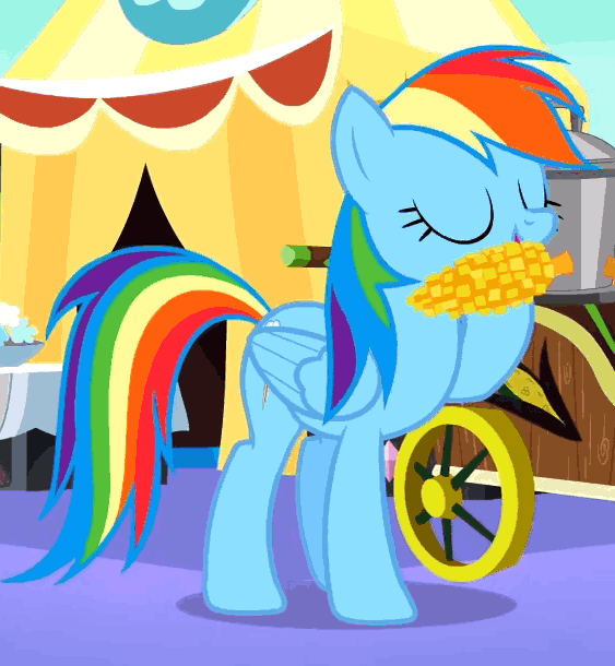 Size: 563x610 | Tagged: safe, screencap, character:fleur de verre, character:rainbow dash, species:crystal pony, species:pegasus, species:pony, episode:the crystal empire, g4, my little pony: friendship is magic, animated, corn, cute, dashabetes, dexterous hooves, eating, eyes closed, female, hoof hold, mare, nom, puffy cheeks, smiling
