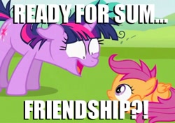 Size: 362x255 | Tagged: safe, screencap, character:scootaloo, character:twilight sparkle, species:pegasus, species:pony, episode:lesson zero, g4, my little pony: friendship is magic, dementia, friendship, image macro, scary, twilight snapple