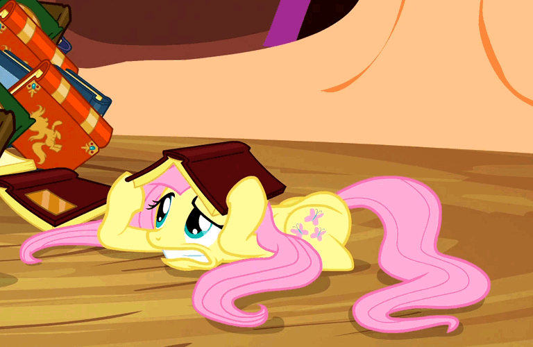 Size: 768x500 | Tagged: safe, screencap, character:fluttershy, episode:magic duel, g4, my little pony: friendship is magic, animated, book, book hat, cowering, cute, fear, freakout, golden oaks library, interior, scared, shyabetes, solo, trembling