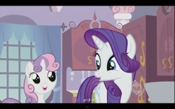 Size: 640x400 | Tagged: safe, screencap, character:rarity, character:sweetie belle, episode:sisterhooves social, g4, my little pony: friendship is magic, hub logo, youtube caption
