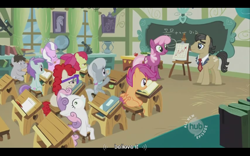 Size: 640x400 | Tagged: safe, screencap, character:apple bloom, character:cheerilee, character:diamond tiara, character:filthy rich, character:liza doolots, character:petunia, character:scootaloo, character:silver spoon, character:sweetie belle, character:tootsie flute, character:truffle shuffle, character:twist, species:earth pony, species:pegasus, species:pony, episode:family appreciation day, g4, my little pony: friendship is magic, colt, cutie mark crusaders, male, meme, ponyville schoolhouse, youtube caption
