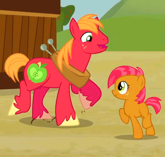 Size: 528x502 | Tagged: safe, screencap, character:babs seed, character:big mcintosh, species:earth pony, species:pony, episode:apple family reunion, g4, my little pony: friendship is magic, adorababs, animated, cute, dancing, female, filly, macabetes, male, square dance, stallion