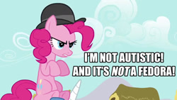 Size: 1280x720 | Tagged: safe, screencap, character:pinkie pie, autism, bowler hat, caption, clothing, hat, image macro, text