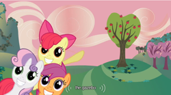 Size: 500x278 | Tagged: safe, screencap, character:apple bloom, character:scootaloo, character:sweetie belle, species:pegasus, species:pony, episode:hearts and hooves day, g4, my little pony: friendship is magic, cutie mark crusaders, gazebo, meme, mlp-captions, tree, youtube caption