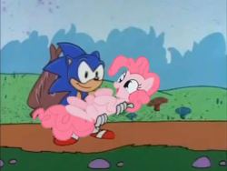 Size: 472x355 | Tagged: safe, artist:dikekike, screencap, character:pinkie pie, character:sonic the hedgehog, species:earth pony, species:pony, carrying, crossover, crossover shipping, cute, diapinkes, female, holding, mare, sonic the hedgehog (series), sonicpie, sonipie, youtube link, youtube poop, ytpmv