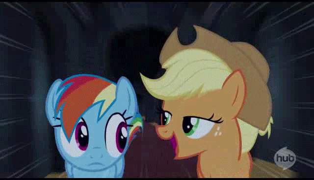 Size: 640x368 | Tagged: safe, screencap, character:applejack, character:rainbow dash, episode:castle mane-ia, g4, my little pony: friendship is magic, season 4, animated, bedroom eyes, corridor, frown, hallway, hub logo, loop, monty python in the description, open mouth, run cycle, running, smiling, talking, wide eyes