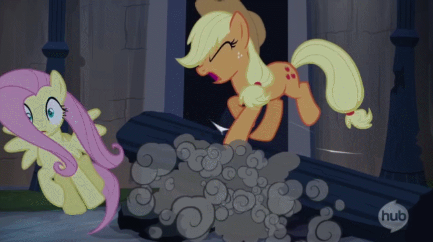 Size: 863x483 | Tagged: safe, screencap, character:applejack, character:fluttershy, character:rainbow dash, episode:castle mane-ia, g4, my little pony: friendship is magic, animated, flying, hub logo, hubble, panic, pillar