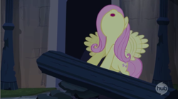 Size: 865x482 | Tagged: safe, screencap, character:fluttershy, episode:castle mane-ia, g4, my little pony: friendship is magic, castle of the royal pony sisters, hub logo, hubble, hummingbird, panic, pillar, solo