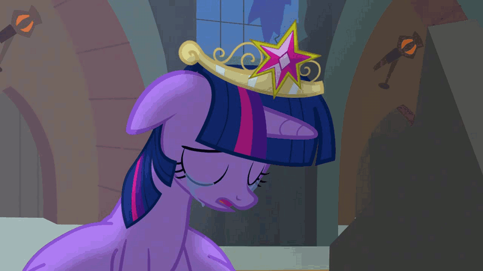 Size: 960x540 | Tagged: safe, screencap, character:princess celestia, character:twilight sparkle, character:twilight sparkle (alicorn), species:alicorn, species:pony, episode:princess twilight sparkle, g4, my little pony: friendship is magic, season 4, animated, castle, castle of the royal pony sisters, crying, female, flashback, mare, relief