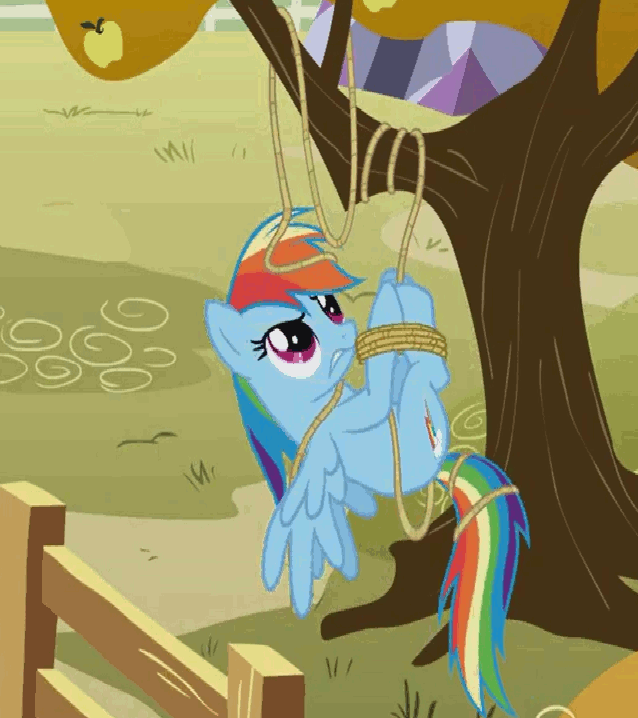 Size: 638x718 | Tagged: safe, screencap, character:rainbow dash, episode:fall weather friends, g4, my little pony: friendship is magic, animated, bondage, cropped, fence, hogtied, loop, rainbond dash, rope, solo, struggling, suspended, tied up, tree