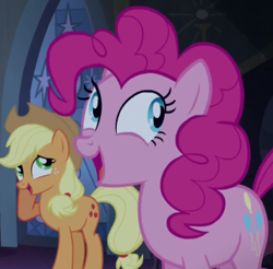 Size: 358x352 | Tagged: safe, screencap, character:applejack, character:pinkie pie, episode:castle mane-ia, g4, my little pony: friendship is magic