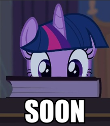 Size: 272x314 | Tagged: safe, screencap, character:twilight sparkle, character:twilight sparkle (alicorn), species:alicorn, species:pony, episode:castle mane-ia, g4, my little pony: friendship is magic, book, caption, image macro, solo, soon