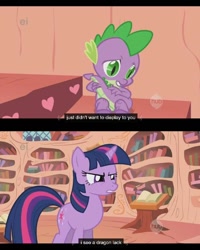 Size: 640x800 | Tagged: safe, screencap, character:spike, character:twilight sparkle, episode:owl's well that ends well, g4, my little pony: friendship is magic, ei, hub logo, youtube caption