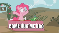 Size: 960x540 | Tagged: safe, screencap, character:gummy, character:pinkie pie, episode:castle mane-ia, g4, my little pony: friendship is magic, season 4, caption, come at me bro, come hug me bro, hug, image macro, notebook, notepad, roflbot
