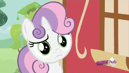 Size: 427x240 | Tagged: safe, screencap, character:sweetie belle, episode:ponyville confidential, g4, my little pony: friendship is magic, animated, confused, eye, hub logo, hubble, solo, the hub, walking
