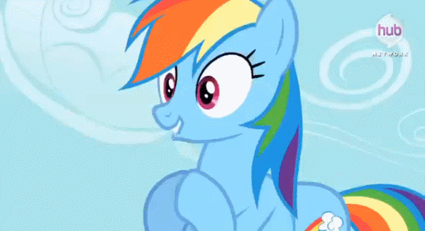 Size: 599x326 | Tagged: safe, screencap, character:rainbow dash, episode:daring don't, g4, my little pony: friendship is magic, season 4, animated, clapping, cute, dashabetes, excited, fangirl, flapping, happy, hub logo, hubble, solo, the hub