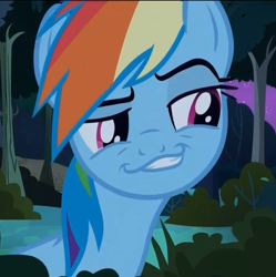 Size: 862x865 | Tagged: safe, screencap, character:rainbow dash, episode:daring don't, g4, my little pony: friendship is magic, dreamworks face, faec, grin, rainbow dash is best facemaker, smirk, smug, smugdash, solo