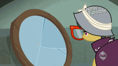 Size: 384x216 | Tagged: safe, screencap, character:a.k. yearling, character:daring do, episode:daring don't, g4, my little pony: friendship is magic, animated, glasses, hub logo, hubble, mirror, the hub