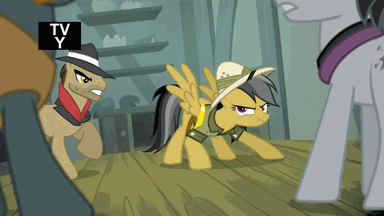 Size: 384x216 | Tagged: safe, screencap, character:daring do, species:earth pony, species:pegasus, species:pony, episode:daring don't, g4, my little pony: friendship is magic, animated, female, henchmen, hub logo, hubble, male, mare, ring, rings of scorchero, stallion, the hub