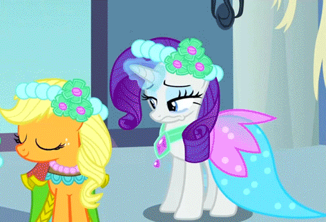 Size: 472x321 | Tagged: safe, screencap, character:applejack, character:rainbow dash, character:rarity, episode:a canterlot wedding, g4, my little pony: friendship is magic, alternate hairstyle, animated, bridesmaid dress, cartoon physics, clothing, cropped, crying, dress, hammerspace, handkerchief, scrunchy face, vag of holding theory, wavy mouth